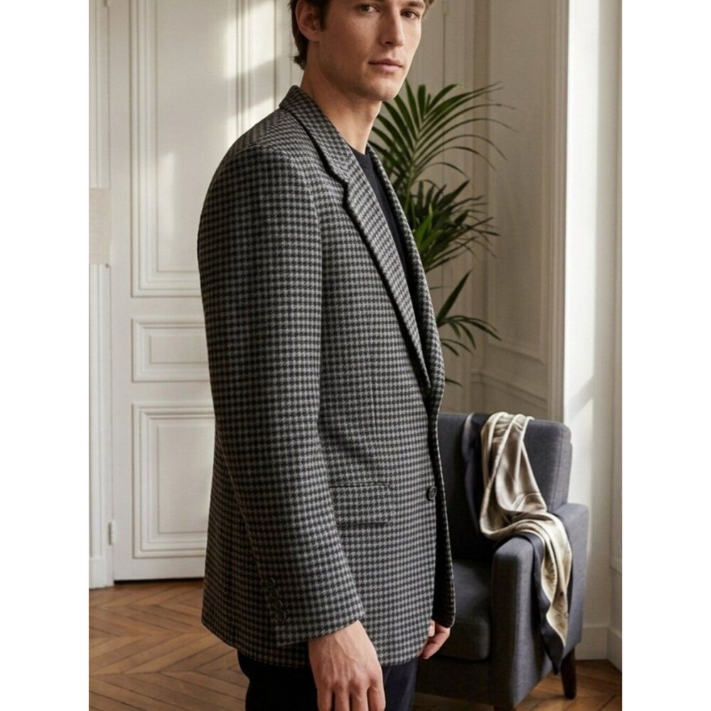 Vintage Horizon Men's Gray Houndstooth Cashmere Blend Blazer 42L